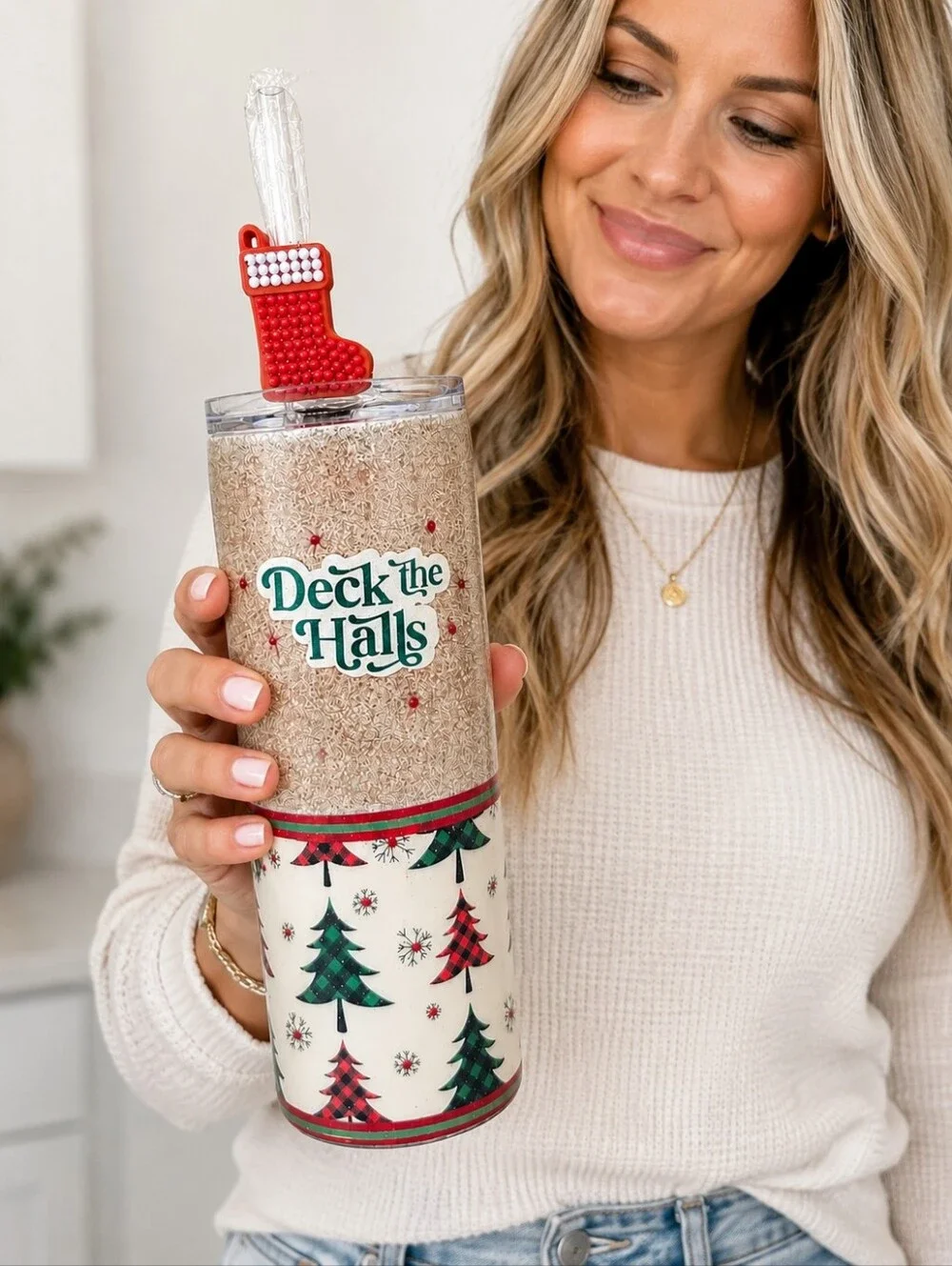 Handmade Christmas Tumbler 20oz Skinny Glitter Holiday Cup Gift Deck the Halls